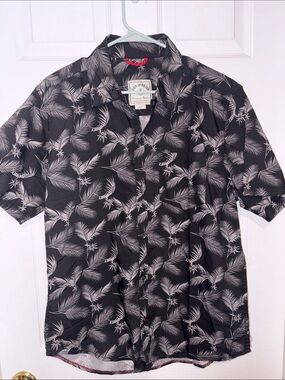 Iron & Resin Men's Black Palm Pattern Short-Sleeve Camp Shirt size large 0471 AJ